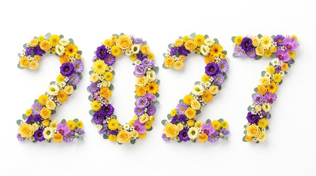 Number 2027 shaped from fresh yellow and purple flowers on white background, floral typography, new year concept.