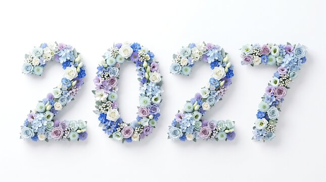 Number 2027 shaped with blue and purple flowers on white background, new year celebration concept, floral typography.