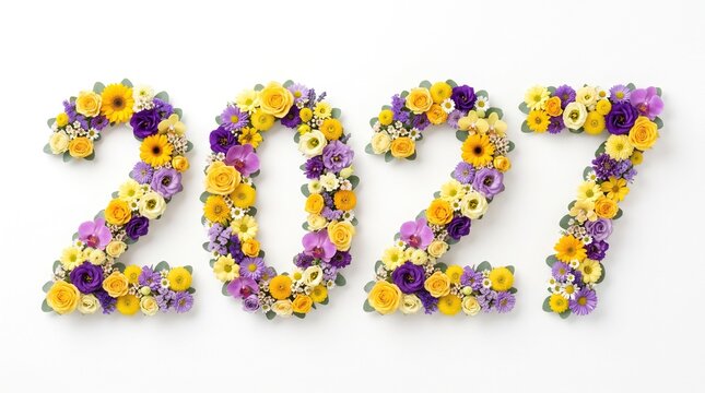 Year 2027 made of vibrant yellow and purple fresh flowers on white background, new year decoration, floral arrangement.