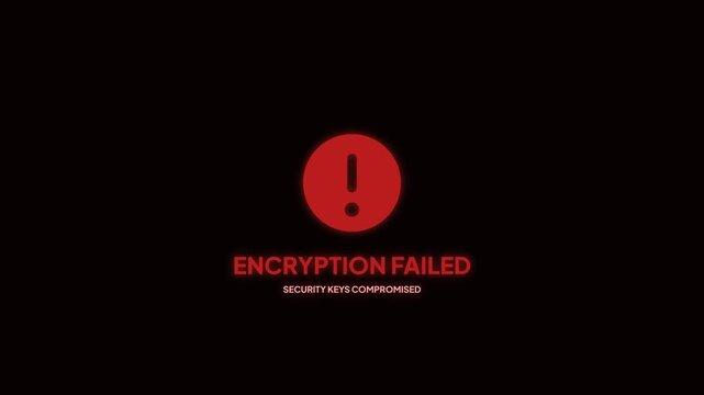 Encryption failed warning alert. Red exclamation icon with glitch effect. Security keys compromised message. Cybersecurity encryption failure concept. Digital security error animation