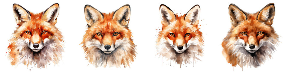 Naklejka premium Watercolor painting showcasing a row of four fox head portraits against a black background