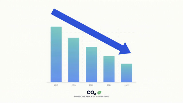 Clean educational infographic displaying a declining bar chart of carbon dioxide emissions reduction over time