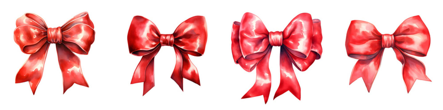 Four red decorative bows in watercolor style on a black background