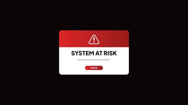 System at risk security alert popup. Modern desktop web interface. Critical vulnerability patch notification. Cyber threat warning window. Dark background design. Red banner UI modal card. video 4k