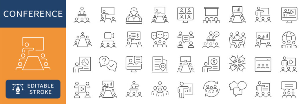 Conference thin line icons set. Seminar, presentation, speaker icon. Editable stroke. Vector