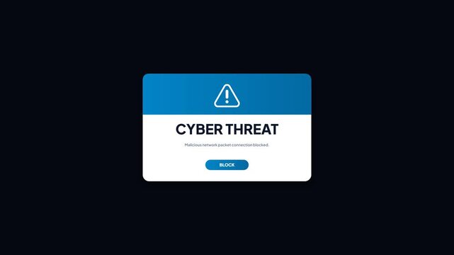 Cyber threat warning alert notification. Modern security system popup interface. Network firewall protection warning. Malicious attack block message. Blue and white window layout. UI alert dialog box 