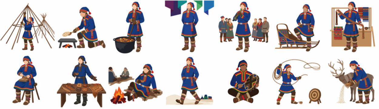 Indigenous Sami People Character Set with Traditional Gakti and Arctic Lifestyle Activities