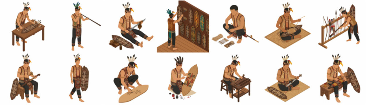 Dayak Craftsmen and Warriors Set Isometric Vector Illustration of Borneo Traditional Culture and Handicraft