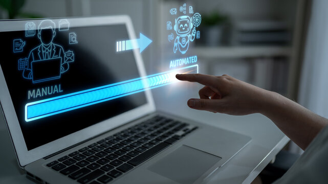 Hand Reaching to Touch a Digital Interface Showing Manual to Automated Transition on Laptop Screen in Modern Work Environment. Liminal.