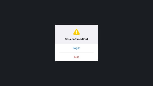 Session timed out warning popup. Modern software UI notification dialog. Expired user login state. Account security alert message. Graphical user interface element. Minimalist web design layout