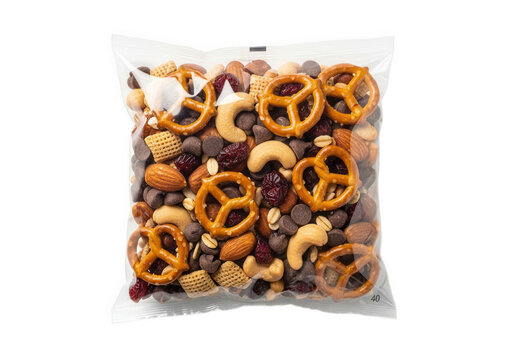 Plastic bag filled with delicious trail mix and salty pretzels isolated on transparent background for snack food