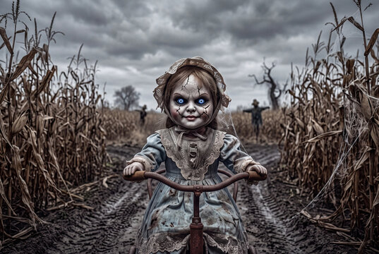 Creepy Doll on Tricycle in Cornfield Horror Illustration