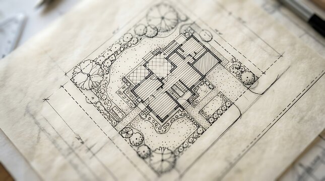 House floor plan hand drawn on vintage parchment paper