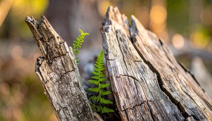 Fototapeta premium Green Fern Growing Between Old Weathered Wooden Logs.