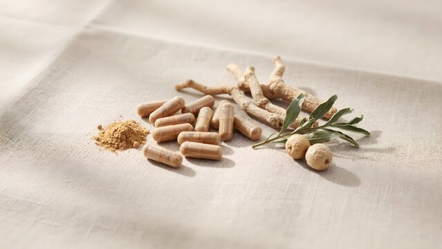 Natural Herbal Supplements with Roots and Capsules on Linen Fabric