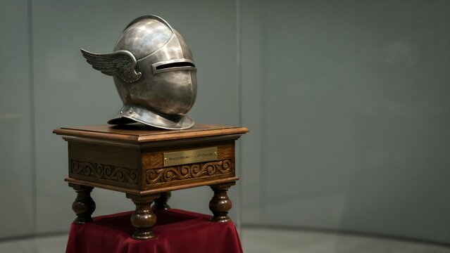 Winged Helmet Displayed on Elegant Stand in Museum Environment