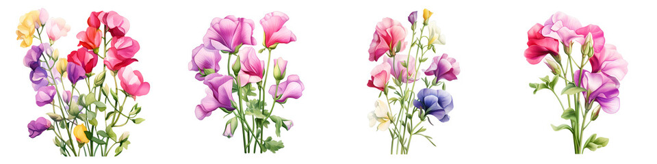 Obraz premium Watercolor sweet pea flowers in variety of colors arranged on black background