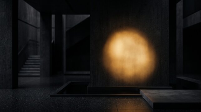 A bright golden circular light beam illuminating a dark textured wall in a minimalist interior space