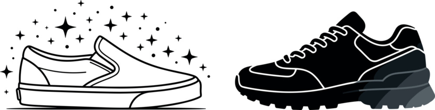 Sneakers and Slip-On Shoes Vector Set with Sparkle Cleaning Line Art and Black Silhouette Graphic