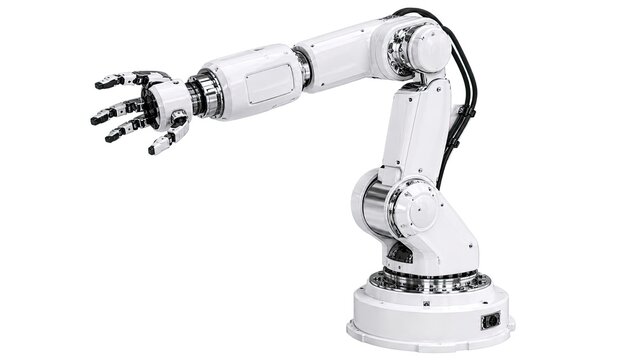 White industrial robot arm with manipulator and cables on a white background showcasing advanced technology.