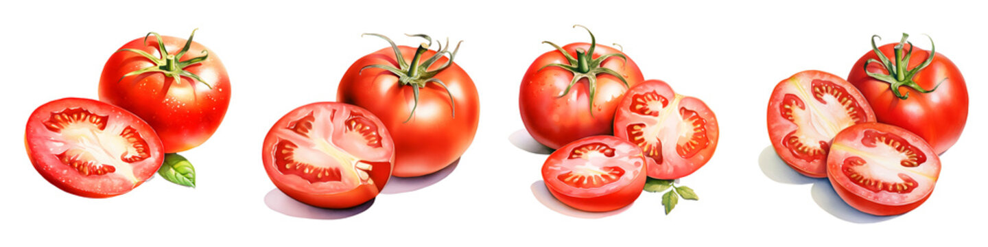 Arrangement of watercolor tomatoes and tomato slices on a dark black background