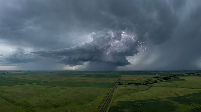 Incredible supercell storm system producing bright lightning bolts over flat green agricultural fields and country road.
