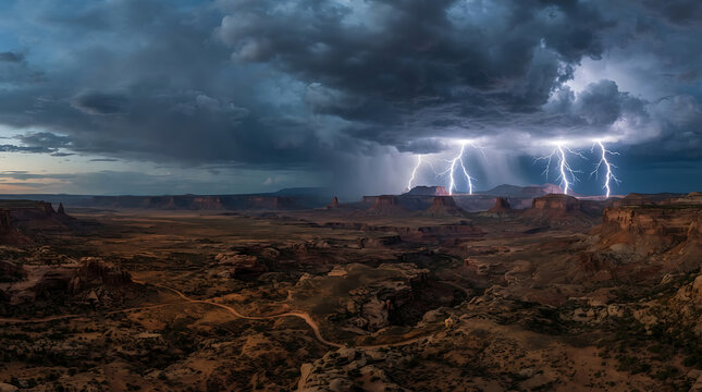 Intense lightning illuminates desert canyons and mesas under stormy twilight sky.