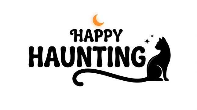 A festive halloween design featuring the text happy haunting with a black cat silhouette and a crescent moon isolated on a white background