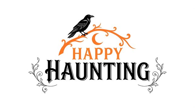 A festive halloween greeting card design featuring a black crow perched on a branch with a crescent moon and elegant decorative vintage floral