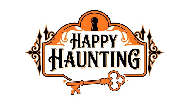 A decorative vintage style sign featuring the text happy haunting with an ornate iron gate design and an antique skeleton key on white