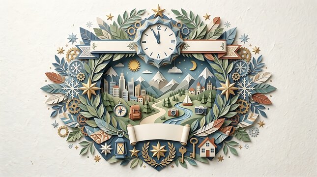 Paper craft travel emblem featuring clock and mountain landscape
