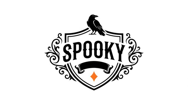 A vintage style black and white emblem featuring a raven bird perched on a shield with the word spooky written in bold decorative