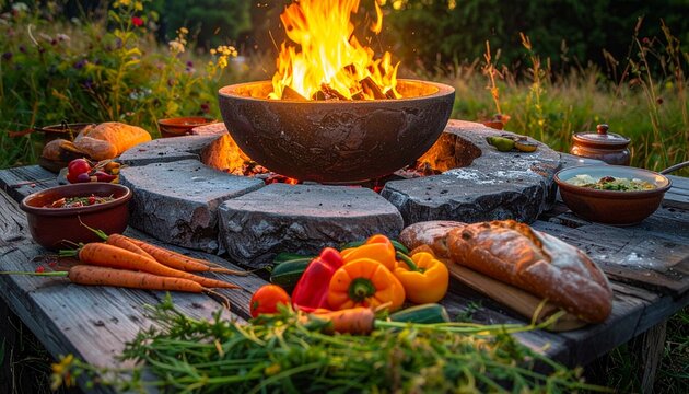 Rustic outdoor fire pit with fresh vegetables and bread.