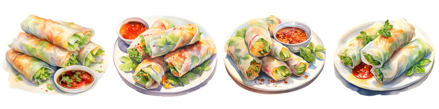 Assortment of vibrant spring rolls with dipping sauce on white plates, a watercolor painting