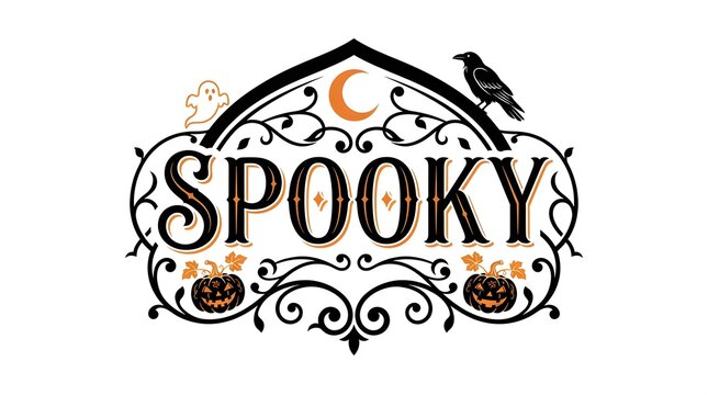 Decorative vintage style halloween typography design featuring the word spooky surrounded by ornate filigree elements with a raven crescent moon and jack o