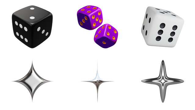 Set of colorful game dice and various shining star icons for board games and casino gambling design elements