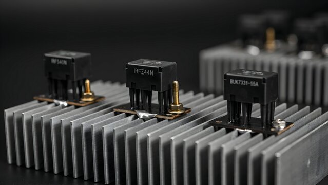 Electronic Components on Heat Sink with Transistors and Resistors