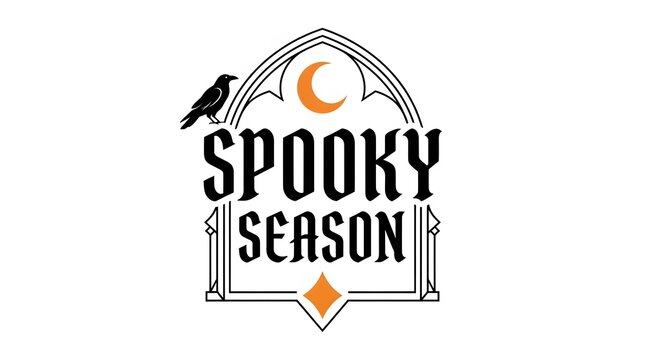 A vintage gothic style illustration featuring the text spooky season with a black raven a crescent moon and a pumpkin on a white