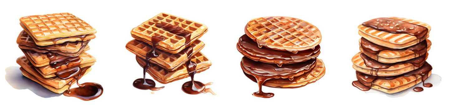 Stacks of waffles with chocolate sauce add a touch of sweetness to any breakfast table