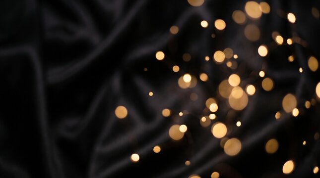 Abstract background featuring soft golden bokeh lights over a dark black fabric texture with folds
