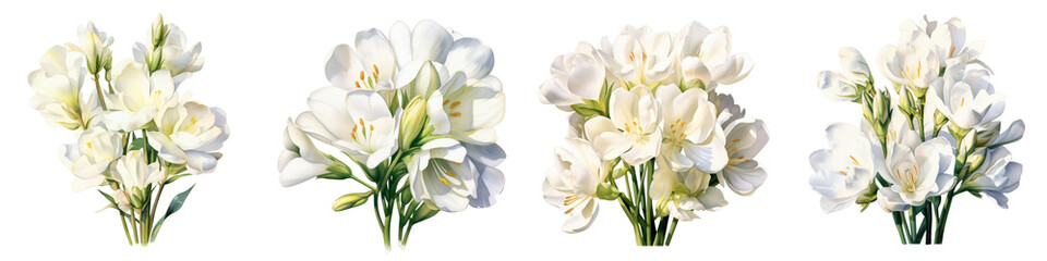 Fototapeta premium Elegant watercolor painting featuring a group of white freesia flowers against black backdrop