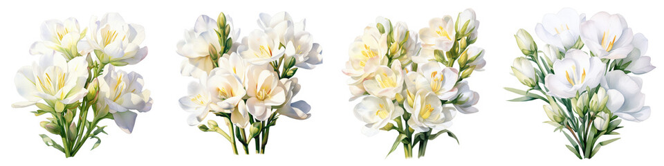 Fototapeta premium Watercolor painting shows four white freesia flower bunches isolated on a black backdrop
