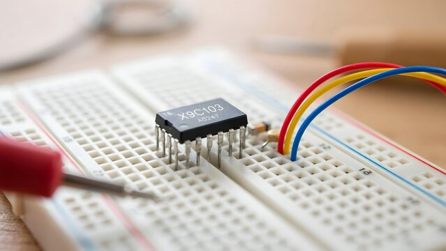 Microchip on Breadboard with Wires for Electronics Project Setup
