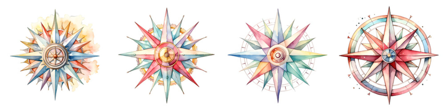 Set of watercolor compasses in various pastel hues and styles on a black background