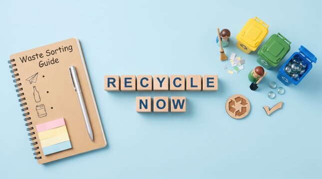 Recycle now message on wooden blocks, waste sorting guide notebook with pen, colorful miniature trash bins on blue background