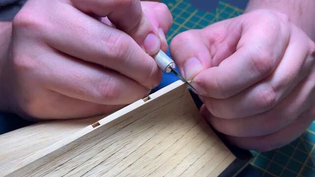 Close up of hands using hobby knife tool for precise wooden ship model detail, artisan craftsmanship, DIY boat modeling.