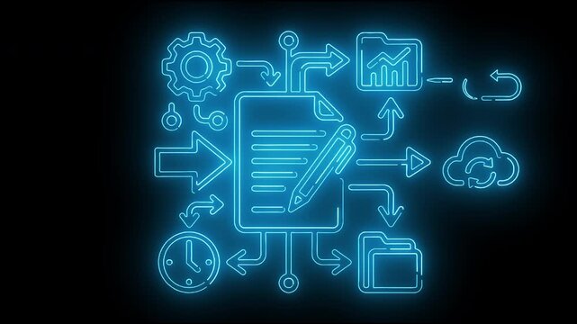 Glowing blue neon document editing icon with pen gear folder and analytics arrows representing digital content creation management