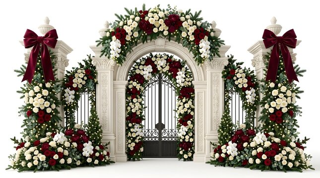 Elegant stone archway decorated with festive red and white flowers for a luxury holiday wedding event