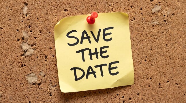 Save the date reminder on yellow sticky note, handwritten message pinned to cork board, event planning announcement concept