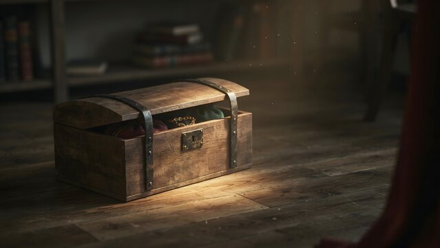 Rustic wooden treasure chest in a dimly lit room setting